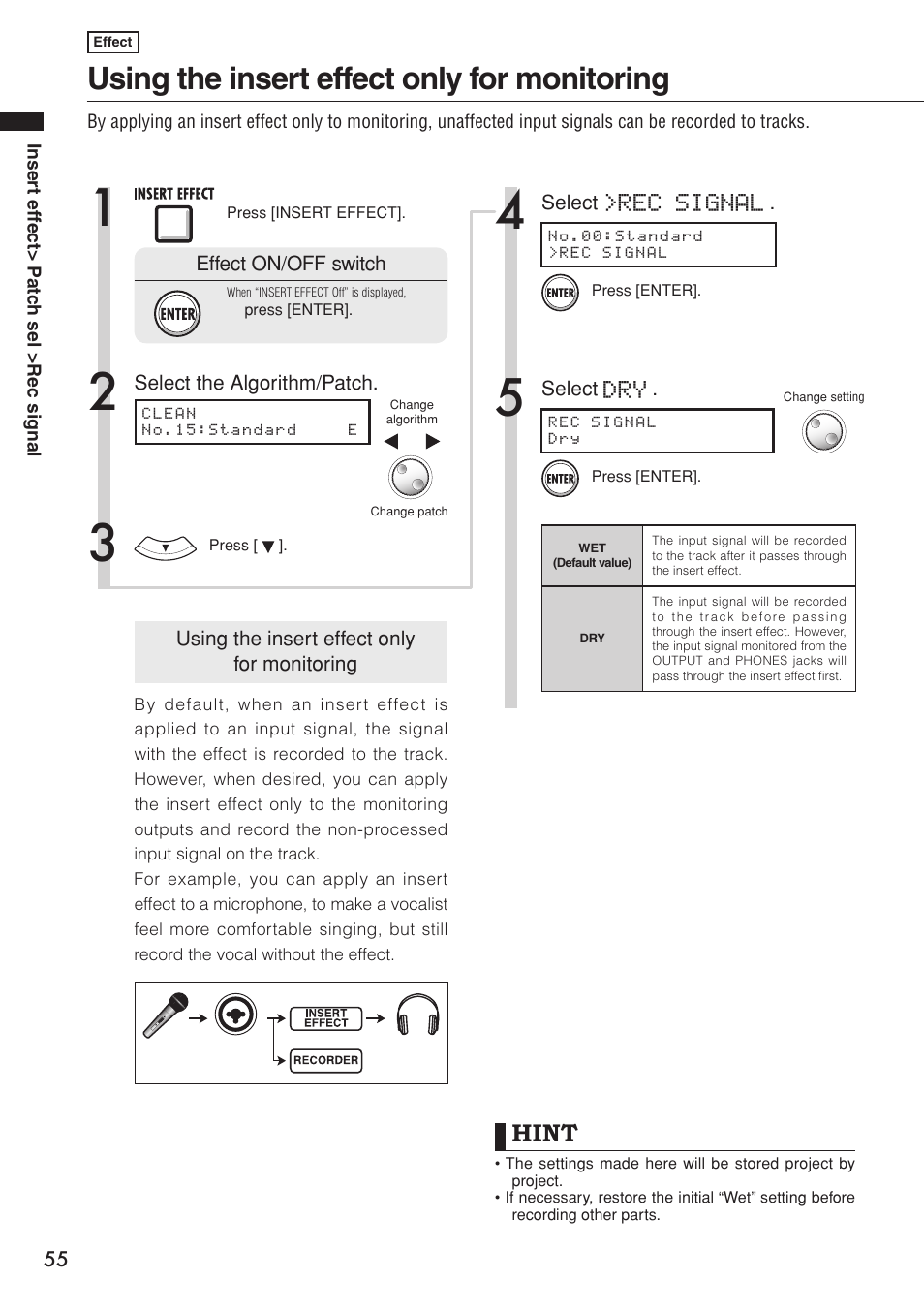 Using the insert effect only for monitoring, Rec signal, Hint | Zoom R16 User Manual | Page 56 / 100