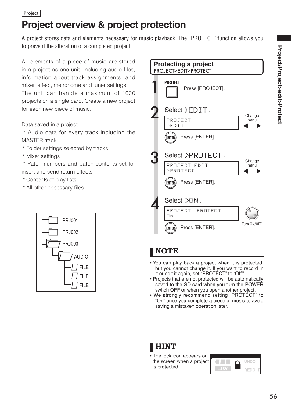 Project overview & project protection, Protect, Hint | Edit | Zoom R16 User Manual | Page 57 / 100