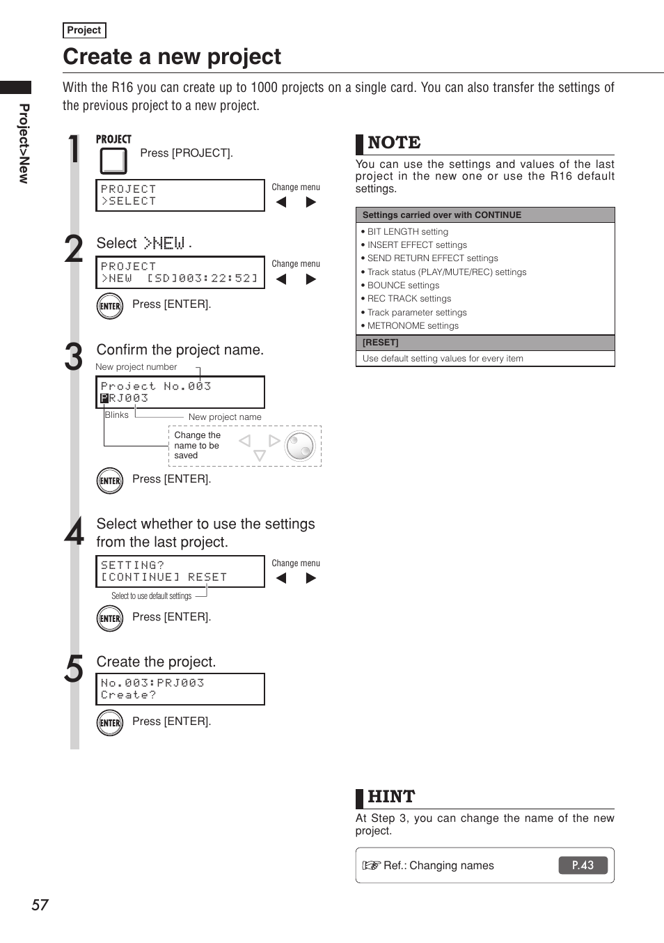 Create a new project, Hint | Zoom R16 User Manual | Page 58 / 100