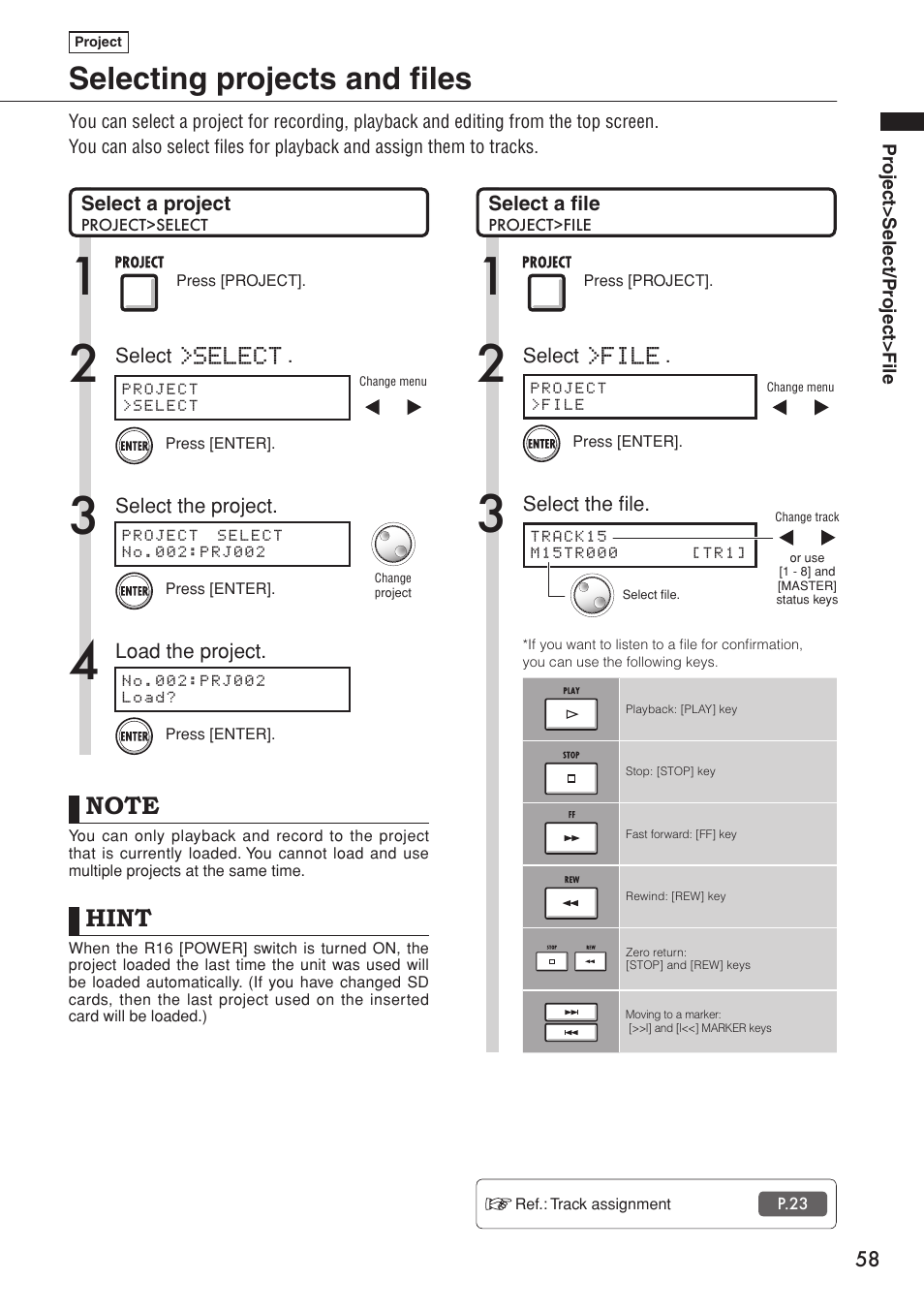 Selecting projects and files, Hint, Select | File | Zoom R16 User Manual | Page 59 / 100