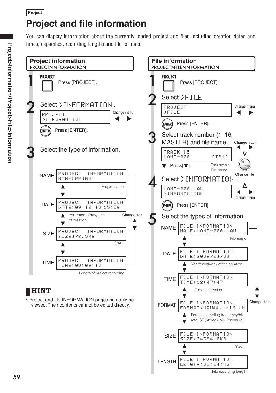 Project and file information, Hint, Information | File | Zoom R16 User Manual | Page 60 / 100