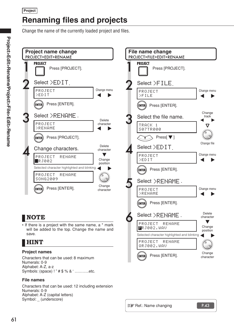 Renaming files and projects, Hint, Edit | File, Rename | Zoom R16 User Manual | Page 62 / 100