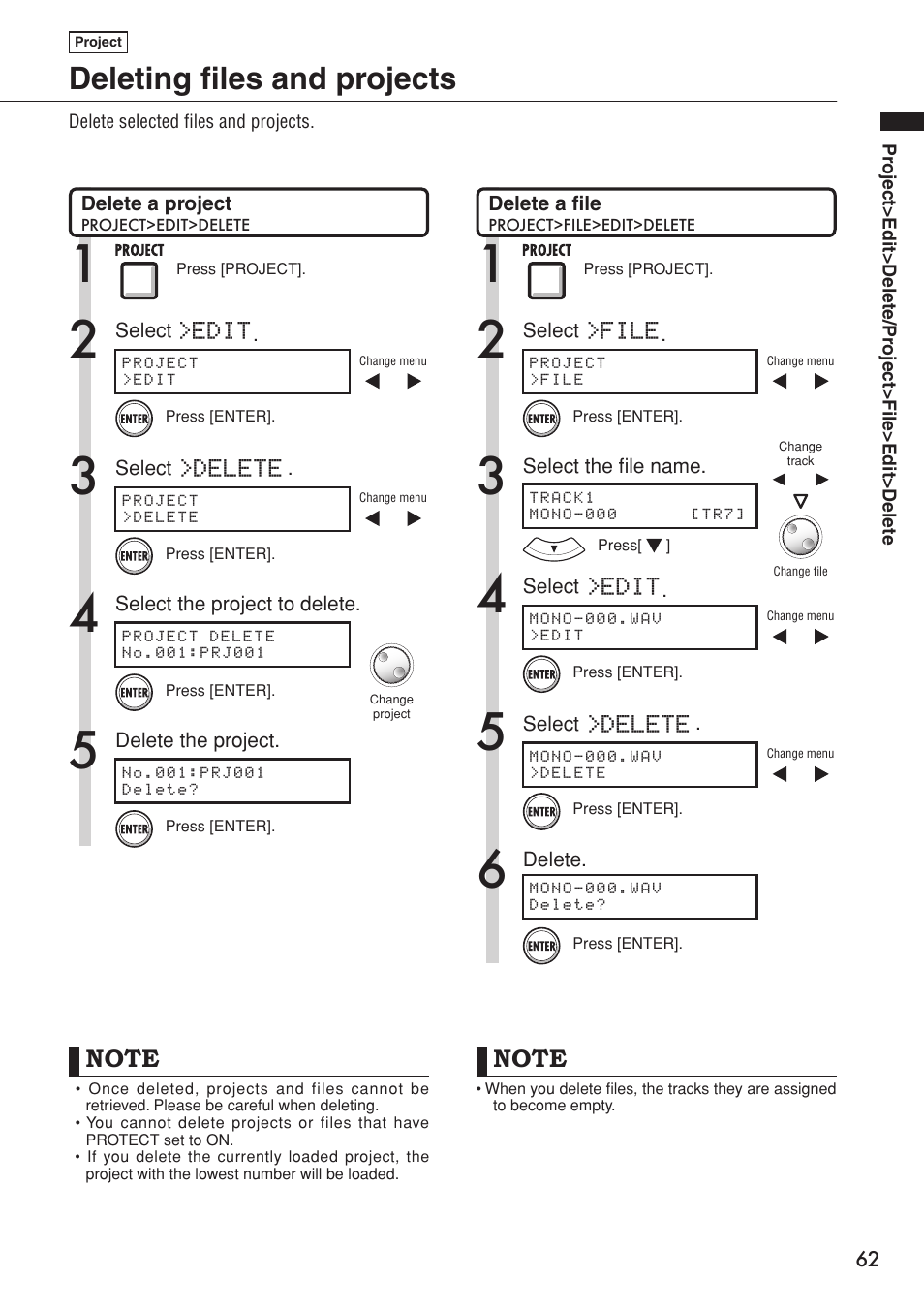 Deleting files and projects | Zoom R16 User Manual | Page 63 / 100