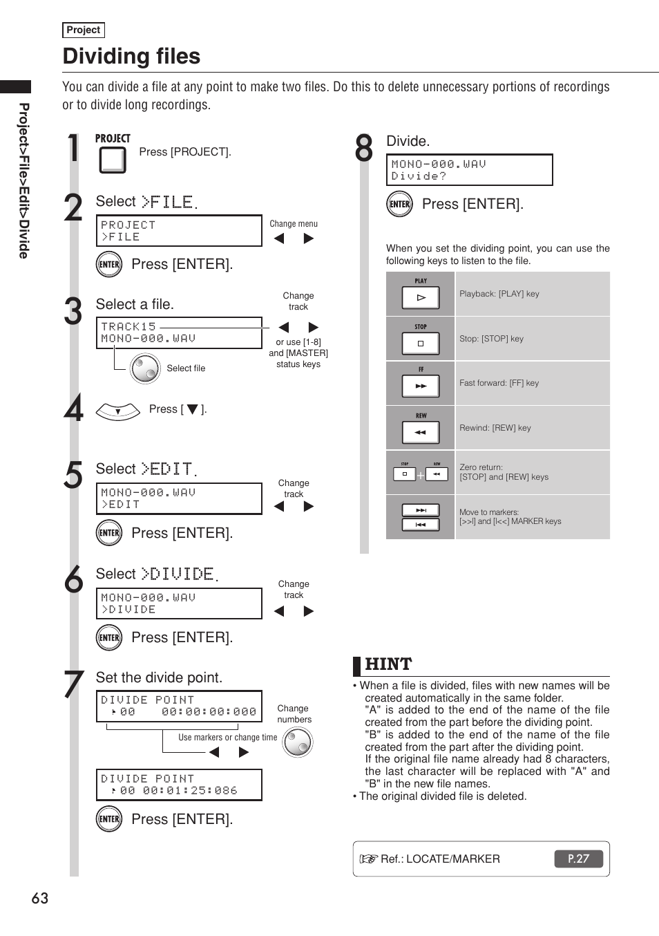 Dividing files, Hint, File | Edit, Divide | Zoom R16 User Manual | Page 64 / 100