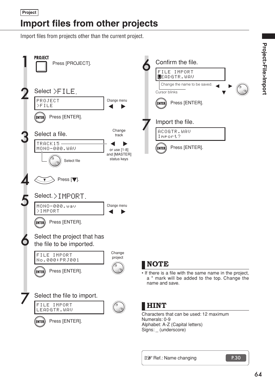 Import files from other projects, Hint, File | Import | Zoom R16 User Manual | Page 65 / 100