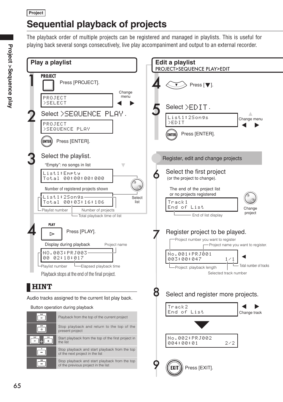 Sequential playback of projects, Hint, Sequence play | Edit | Zoom R16 User Manual | Page 66 / 100