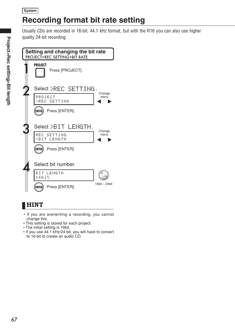 Recording format bit rate setting, Hint, Rec setting | Bit length | Zoom R16 User Manual | Page 68 / 100