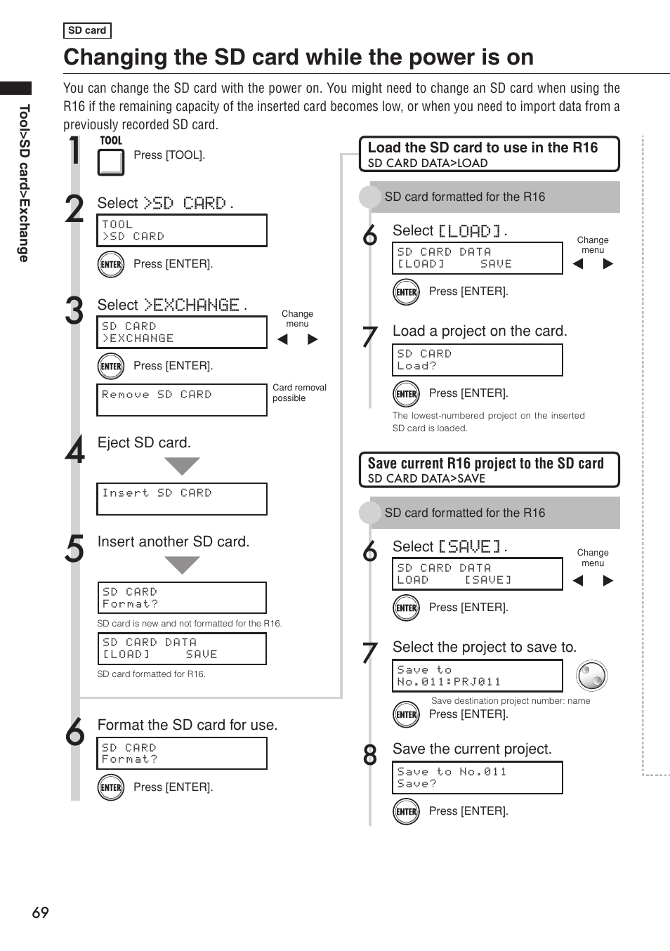 Changing the sd card while the power is on, Exchange, Sd card | Load, Save | Zoom R16 User Manual | Page 70 / 100