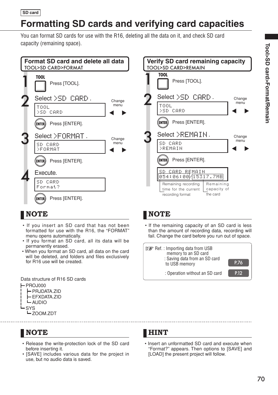 Formatting sd cards and verifying card capacities, Hint, Sd card | Format | Zoom R16 User Manual | Page 71 / 100