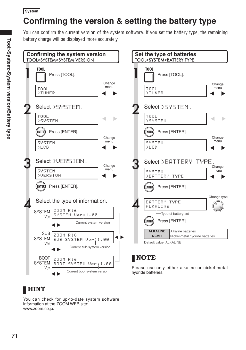 Confirming the version & setting the battery type, Hint, System | Version, Battery type | Zoom R16 User Manual | Page 72 / 100