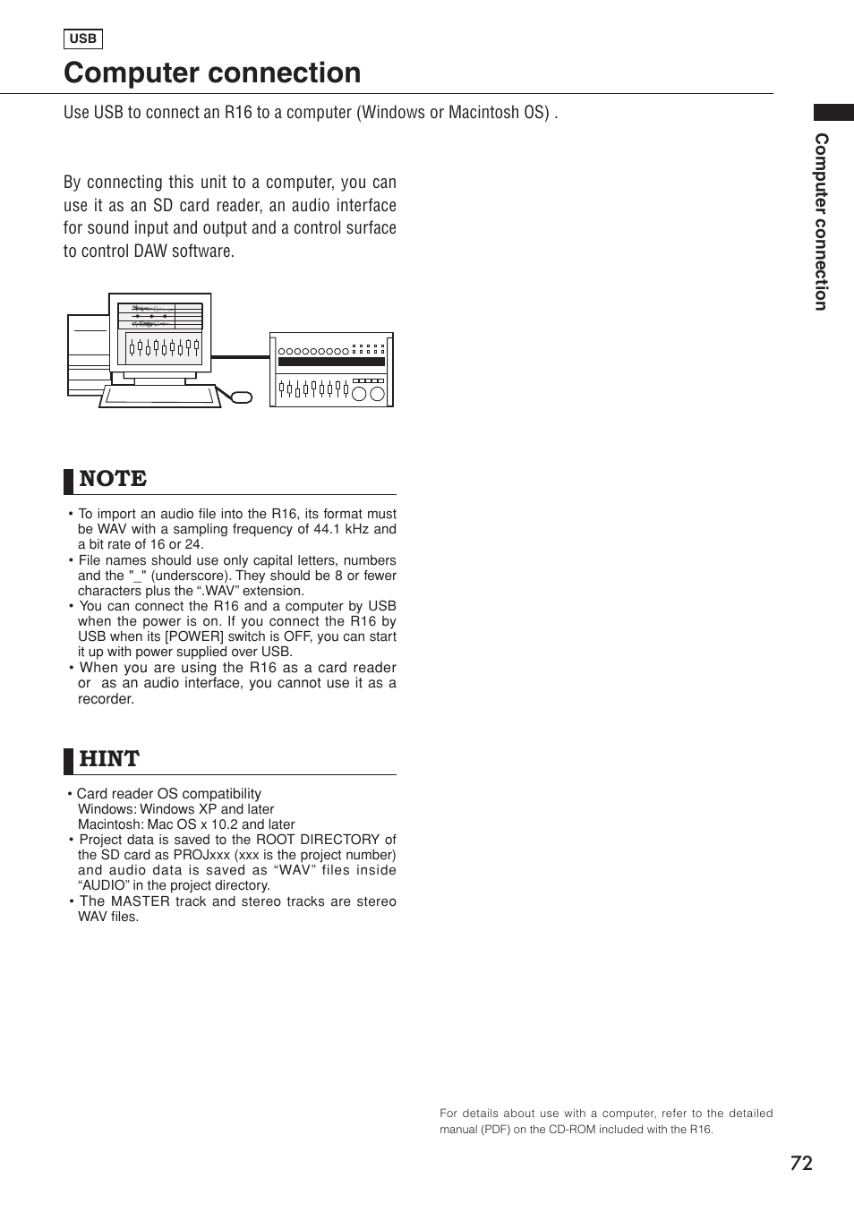 Computer connection, Hint | Zoom R16 User Manual | Page 73 / 100