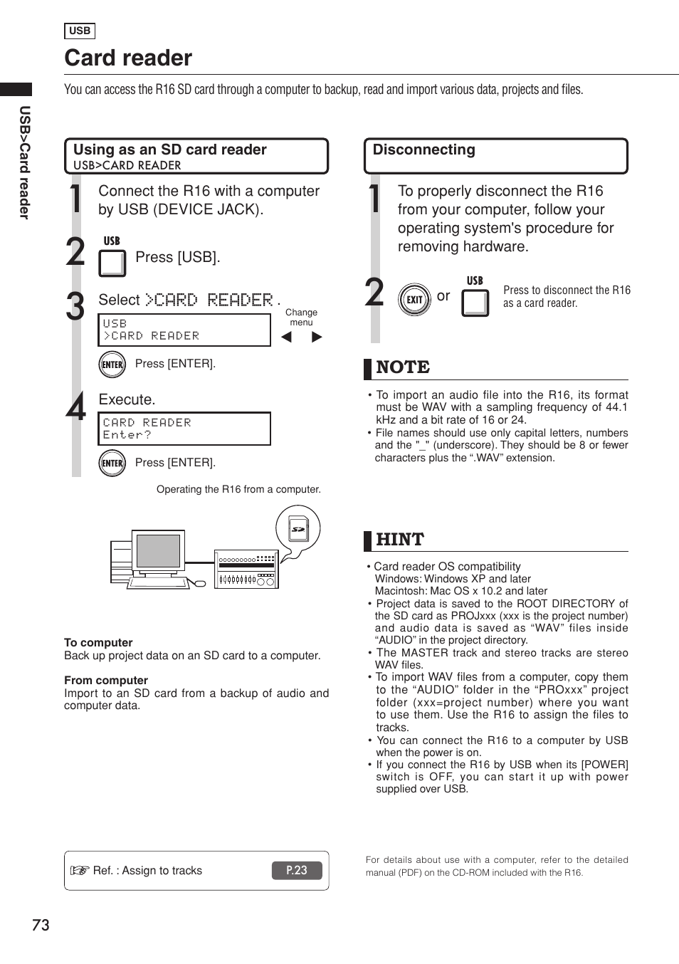 Card reader, Card reader hint | Zoom R16 User Manual | Page 74 / 100