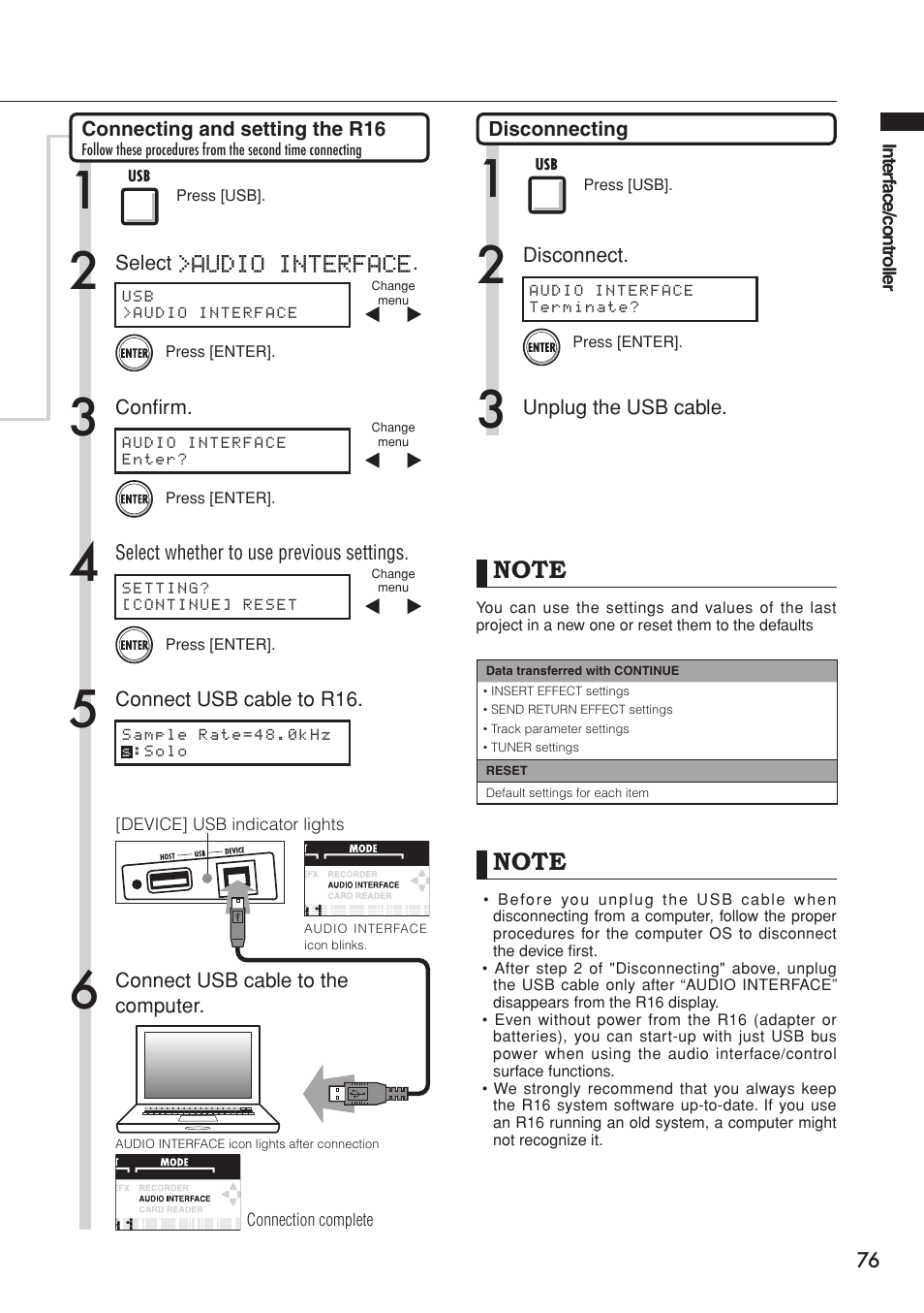 Audio interface/control surface, Audio interface | Zoom R16 User Manual | Page 77 / 100