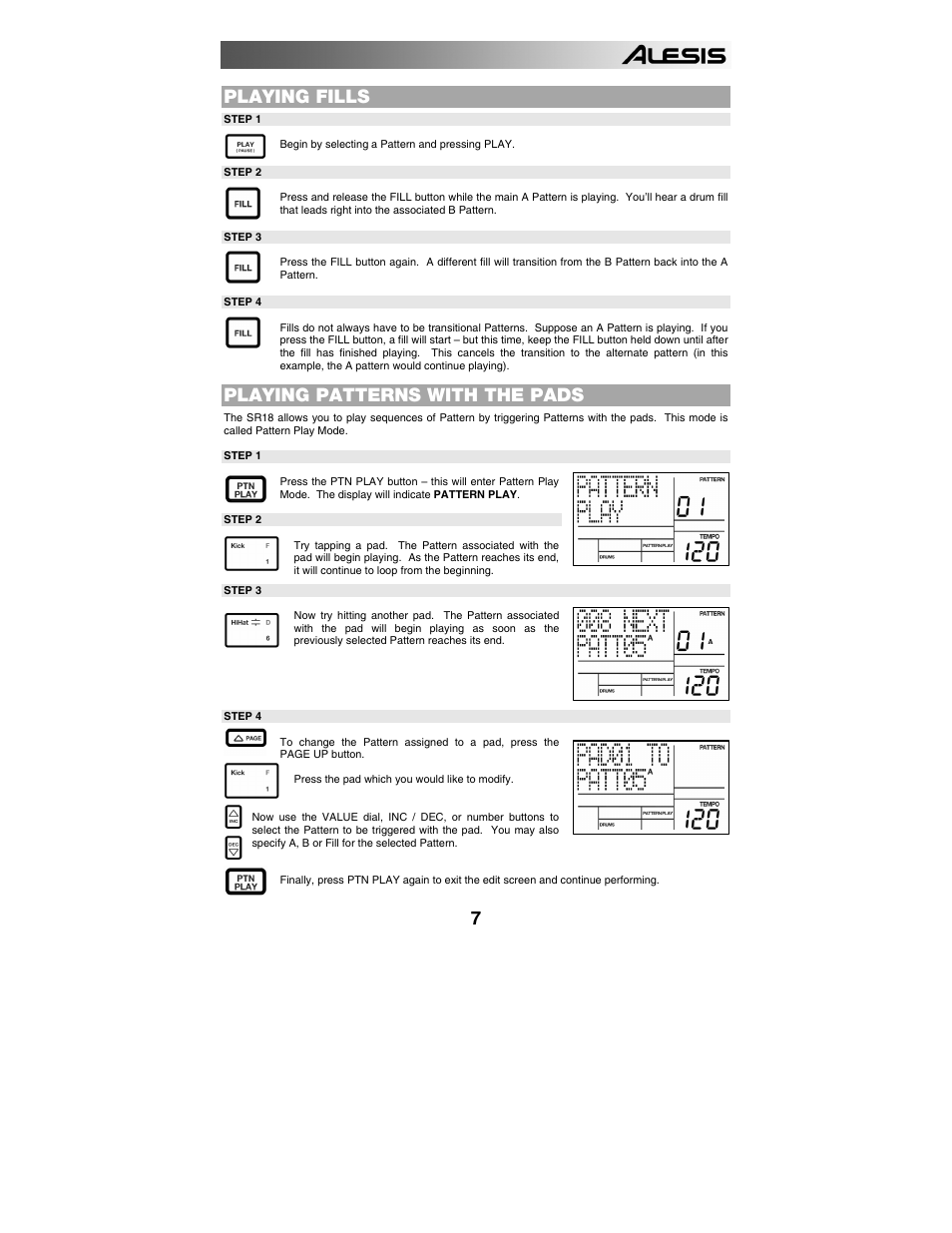 Playing fills, Playing patterns with the pads, Recording your own patterns | ALESIS SR-18 User Manual | Page 10 / 76