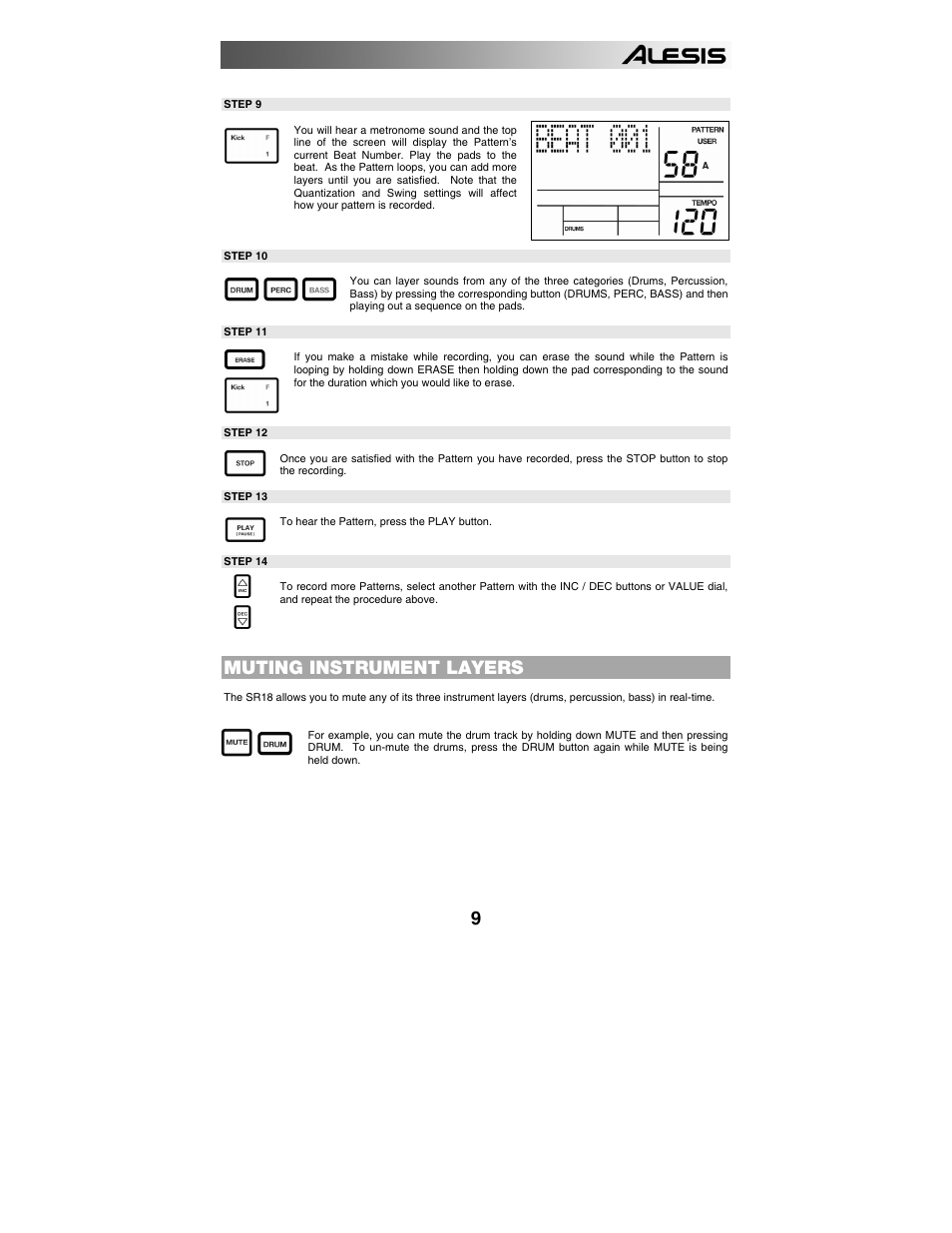 Muting instrument layers, Loading and creating drum sets | ALESIS SR-18 User Manual | Page 12 / 76