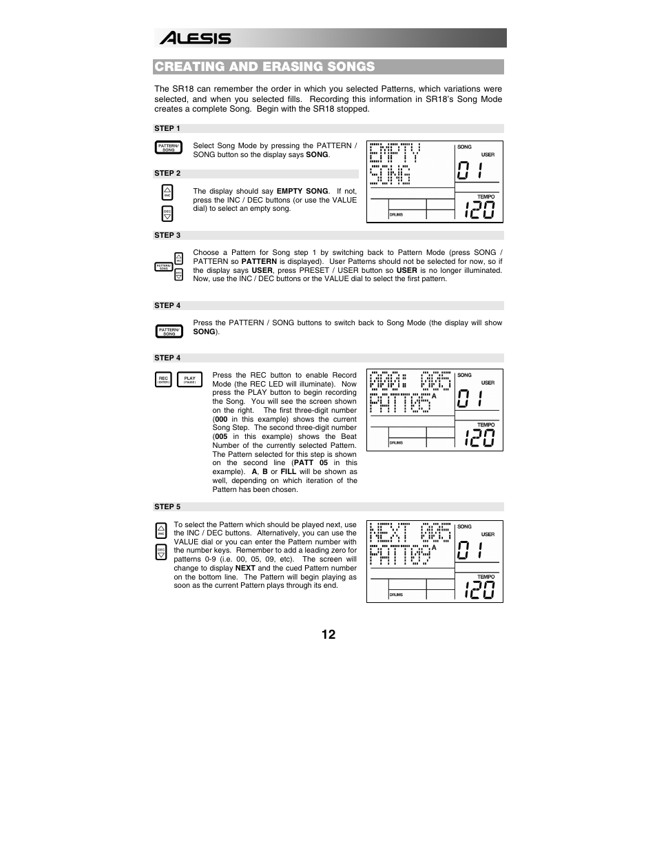 Creating and erasing songs | ALESIS SR-18 User Manual | Page 15 / 76