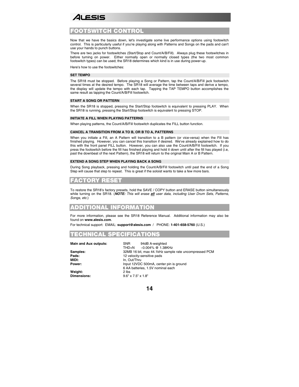 Footswitch control, Factory reset, Additional information | Technical specifications | ALESIS SR-18 User Manual | Page 17 / 76