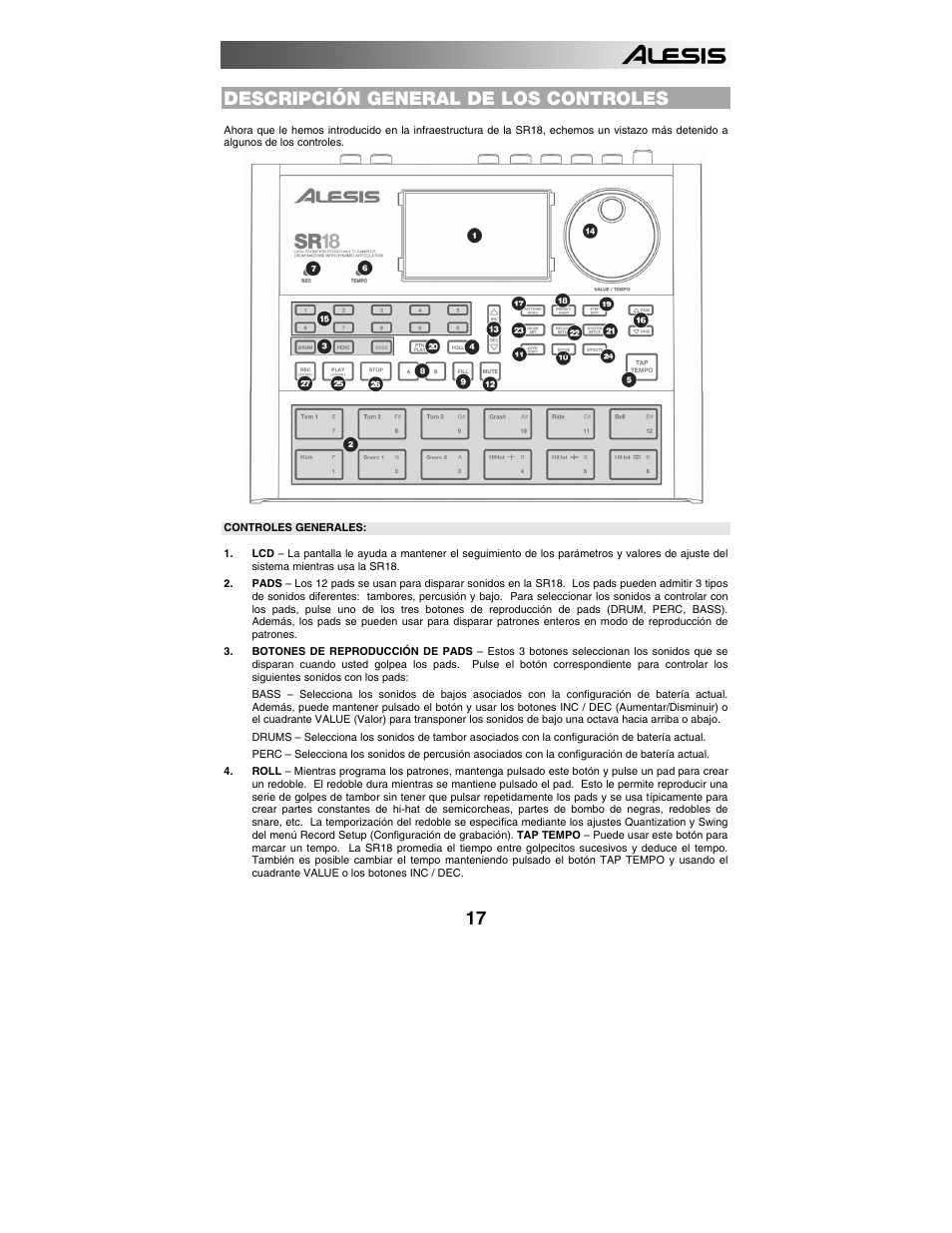 Descripción general de los controles, Controles generales, Botones de navegación | ALESIS SR-18 User Manual | Page 20 / 76