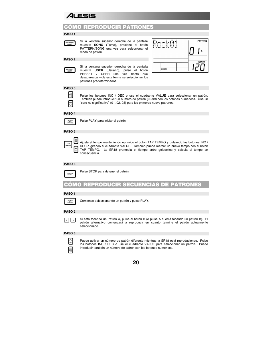 Cómo reproducir patrones, Cómo reproducir secuencias de patrones | ALESIS SR-18 User Manual | Page 23 / 76