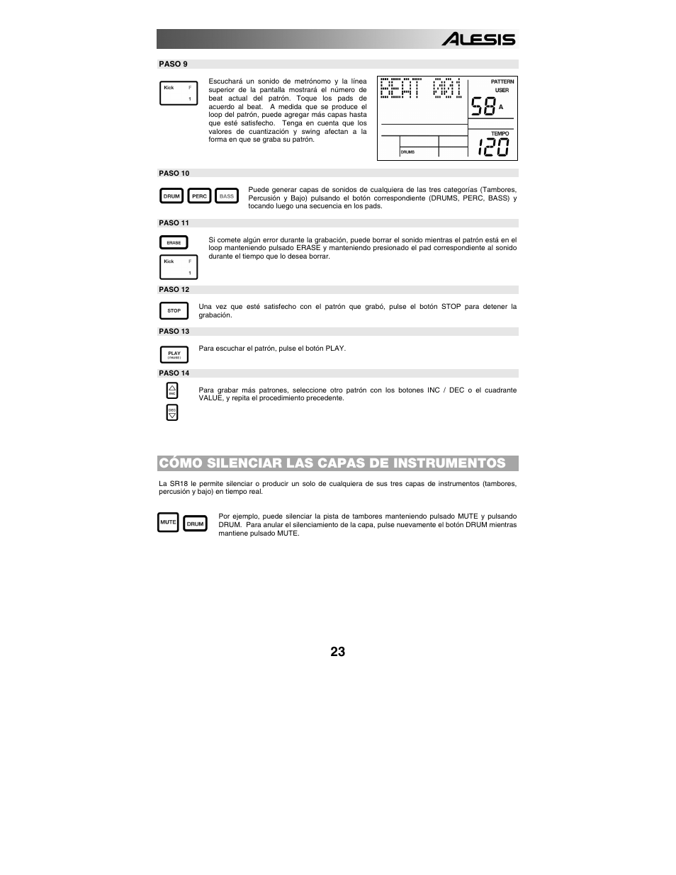 Cómo silenciar las capas de instrumentos, Cómo cargar y crear configuraciones de batería | ALESIS SR-18 User Manual | Page 26 / 76
