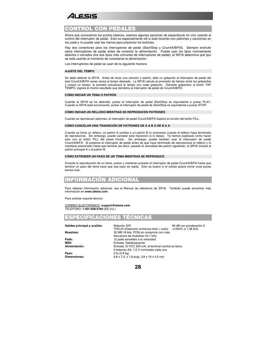 Control con pedales, Información adicional, Especificaciones técnicas | ALESIS SR-18 User Manual | Page 31 / 76