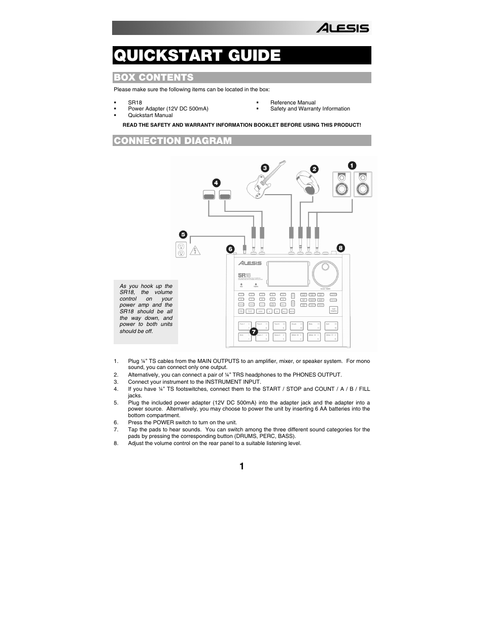 English, Box contents, Connection diagram | Introduction to the sr18, Patterns vs. songs, The 2 types of patterns, The 4 sub-patterns, Quickstart guide | ALESIS SR-18 User Manual | Page 4 / 76