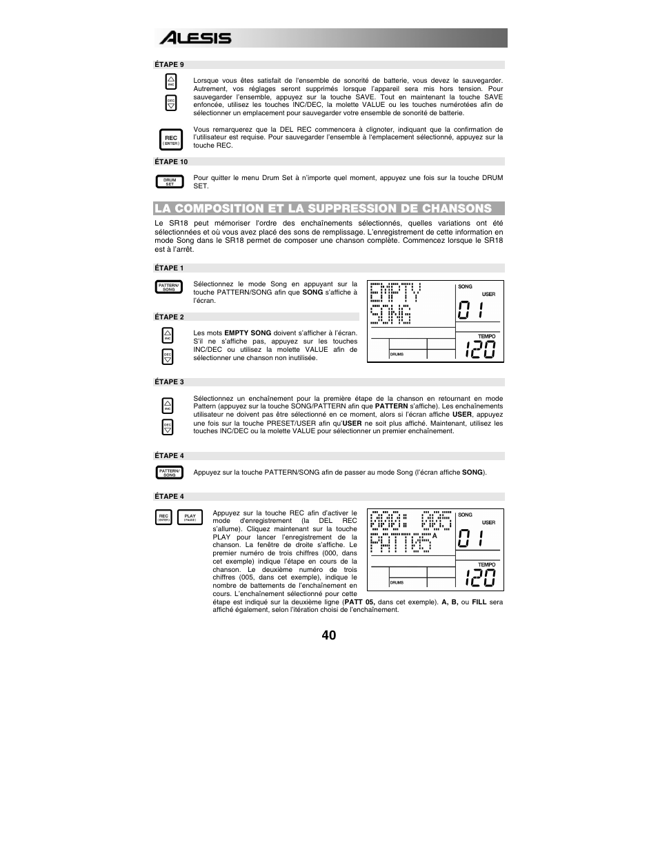 La composition et la suppression de chansons | ALESIS SR-18 User Manual | Page 43 / 76