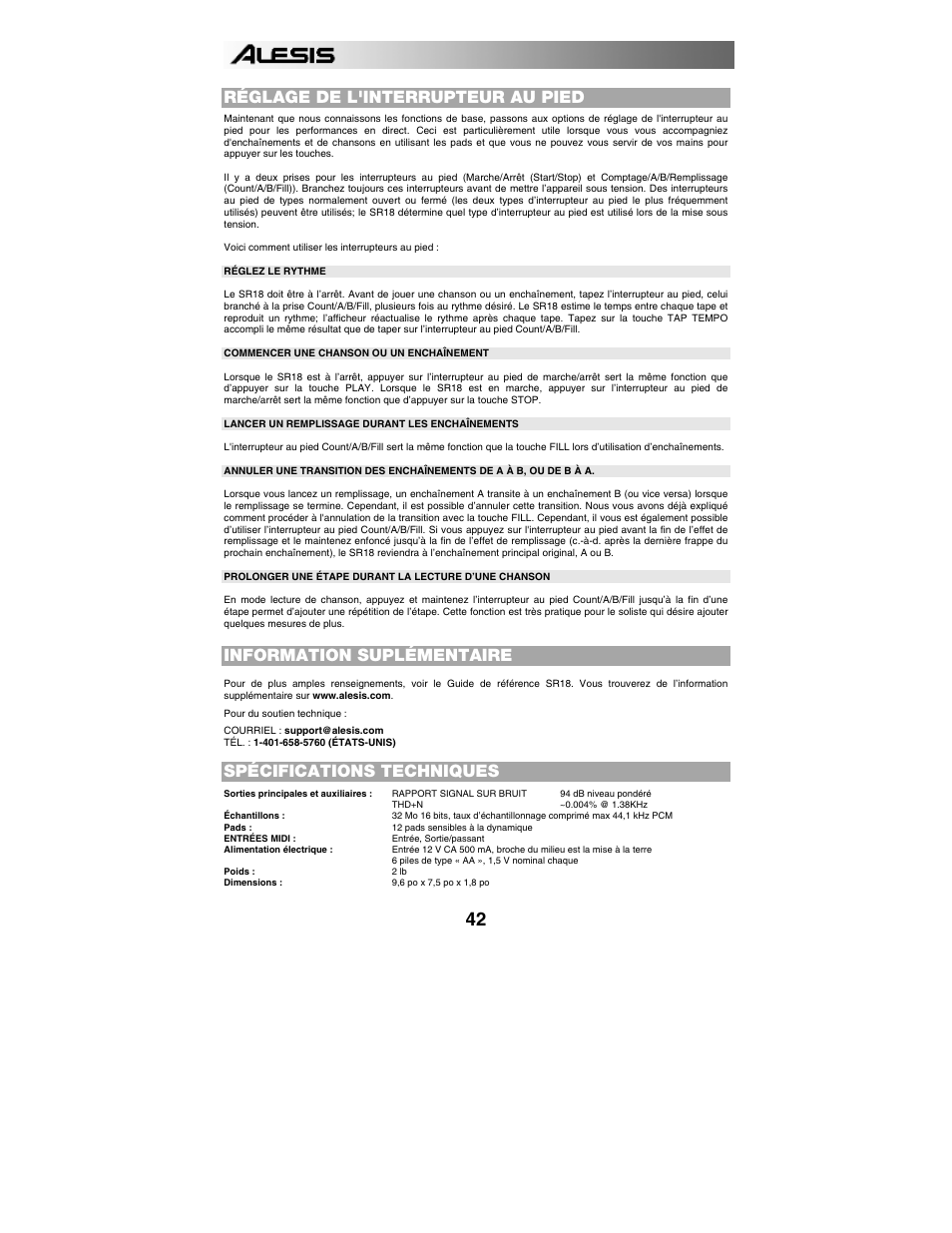 Réglage de l'interrupteur au pied, Information suplémentaire, Spécifications techniques | ALESIS SR-18 User Manual | Page 45 / 76