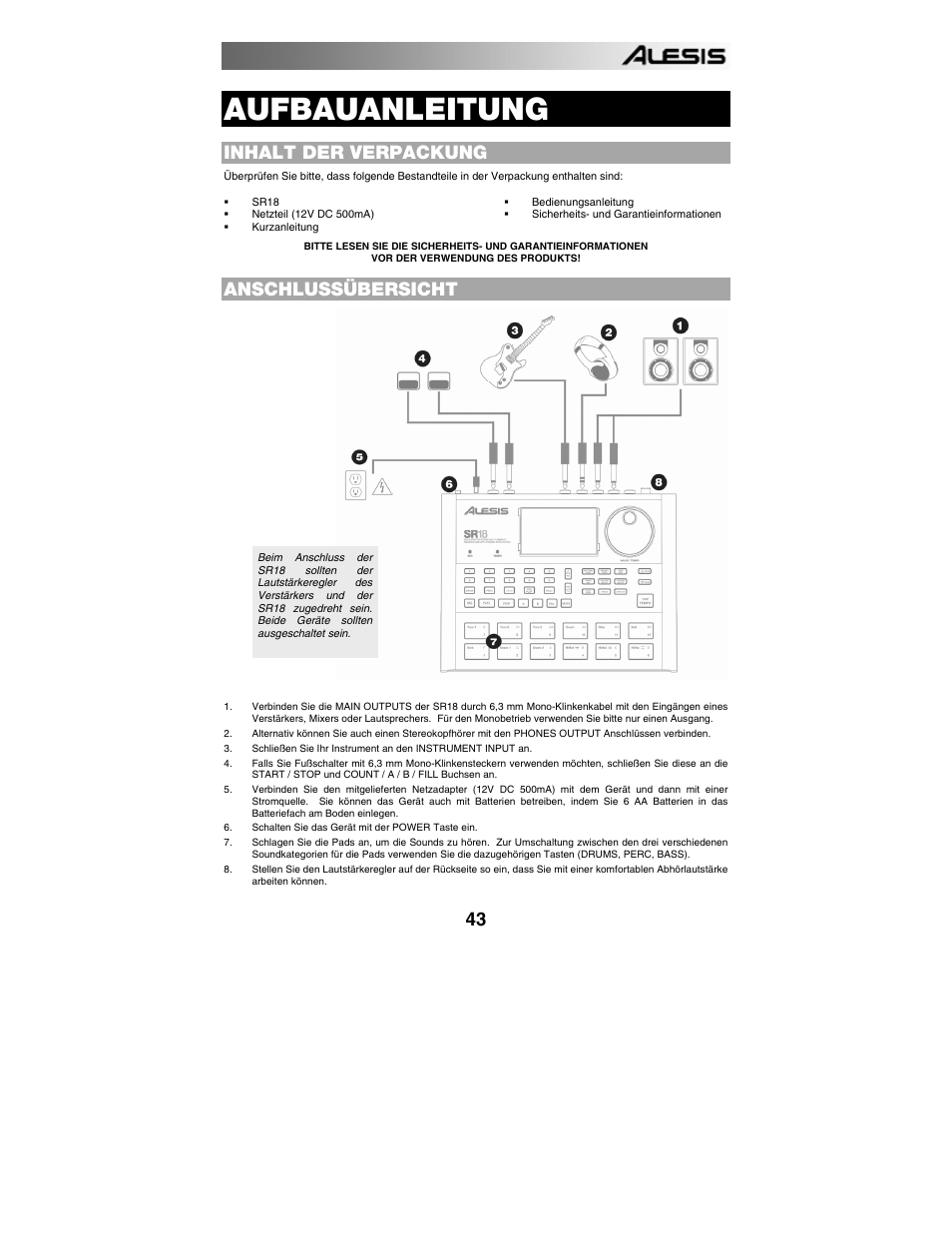 Deutsch, Inhalt der verpackung, Anschlussübersicht | Einführung zur sr18, Patterns und songs, Die 2 pattern-arten, Die 4 sub-patterns, Aufbauanleitung | ALESIS SR-18 User Manual | Page 46 / 76