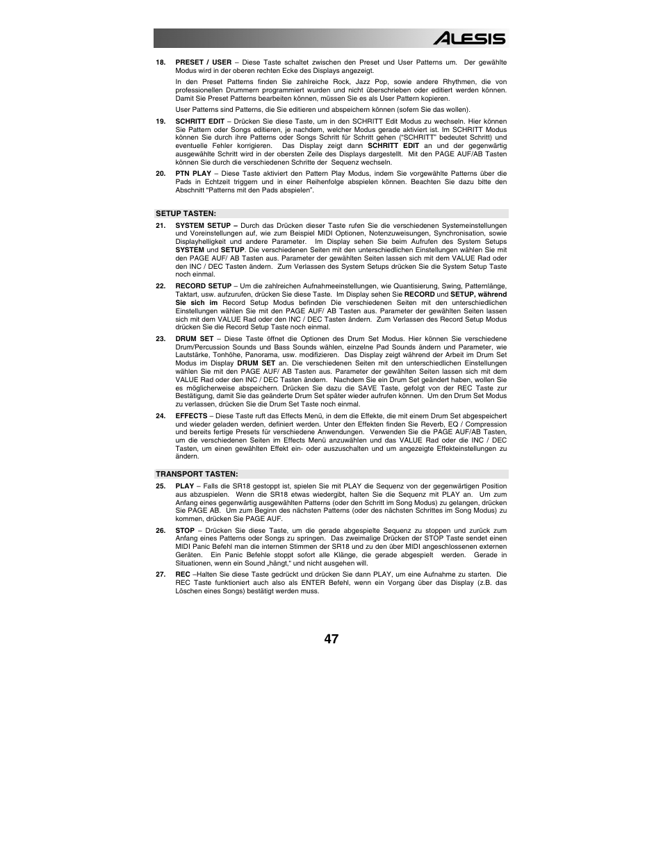 Setup tasten, Transport tasten, Patterns abspielen | Pattern sequenzen abspielen | ALESIS SR-18 User Manual | Page 50 / 76