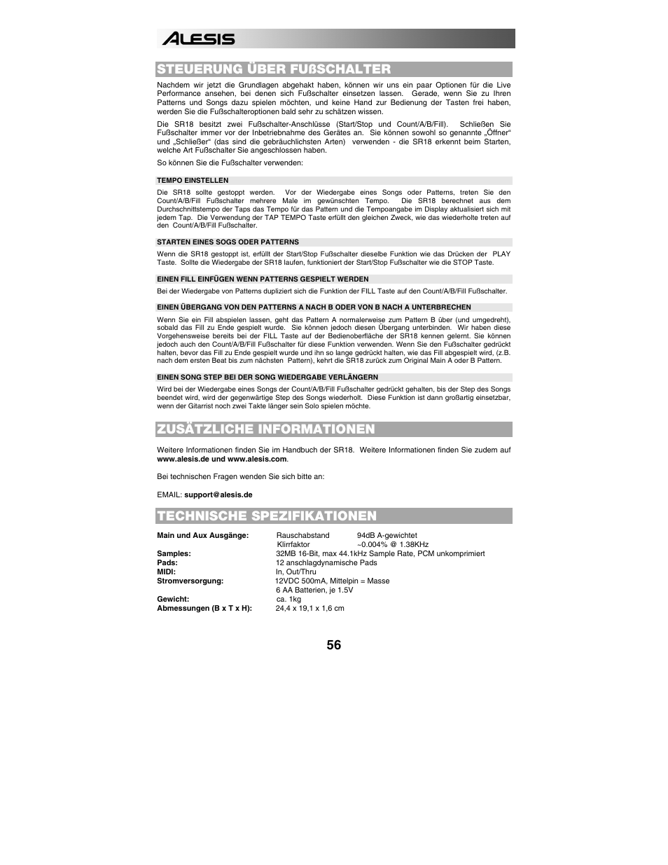 Steuerung über fußschalter, Zusätzliche informationen, Technische spezifikationen | ALESIS SR-18 User Manual | Page 59 / 76