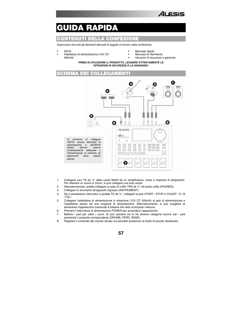 Italiano, Contenuti della confezione, Schema dei collegamenti | Introduzione all’ sr18, Pattern vs. canzoni, I 2 tipi di pattern, I 4 sub-pattern, Guida rapida | ALESIS SR-18 User Manual | Page 60 / 76