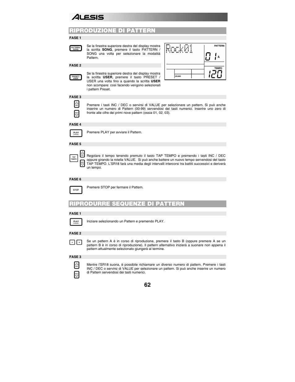 Riproduzione di pattern, Riprodurre sequenze di pattern | ALESIS SR-18 User Manual | Page 65 / 76