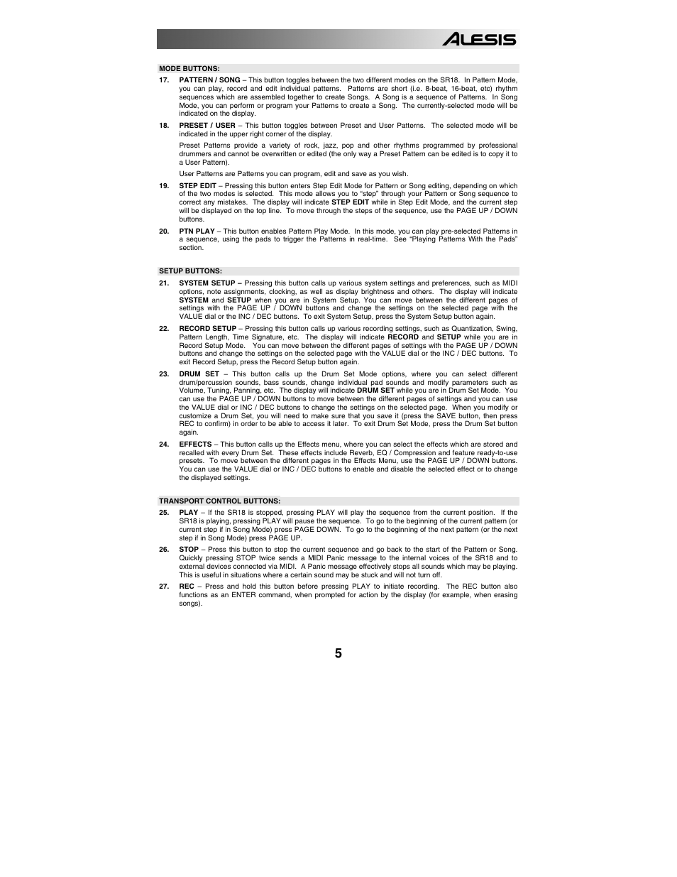 Mode buttons, Setup buttons, Transport control buttons | Playing patterns, Playing sequences of patterns | ALESIS SR-18 User Manual | Page 8 / 76