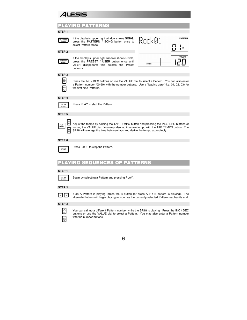 Playing patterns, Playing sequences of patterns | ALESIS SR-18 User Manual | Page 9 / 76