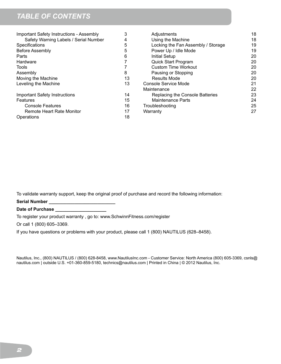 Schwinn Airdyne AD6 User Manual | Page 2 / 28