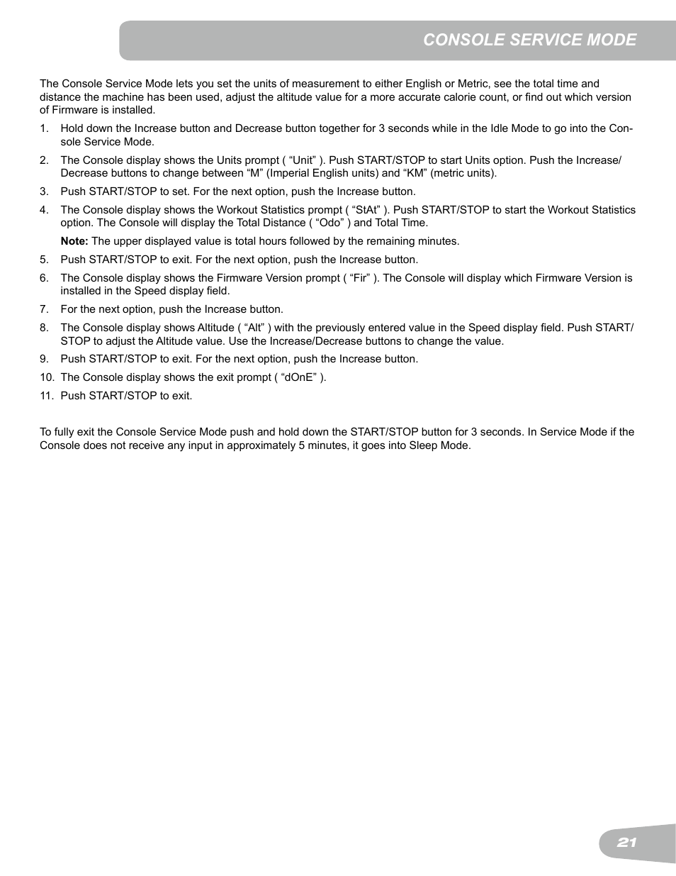 Console service mode | Schwinn Airdyne AD6 User Manual | Page 21 / 28