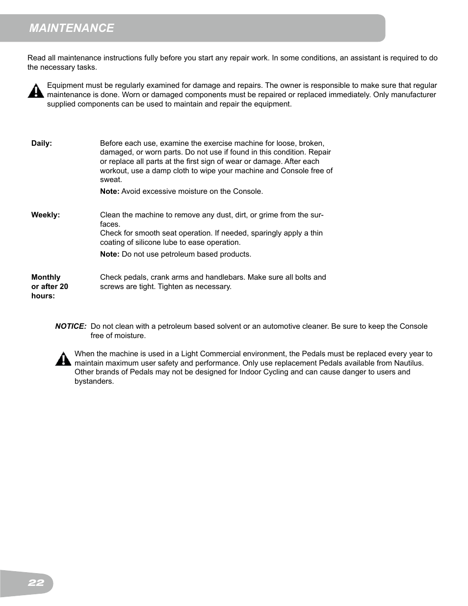 Maintenance | Schwinn Airdyne AD6 User Manual | Page 22 / 28