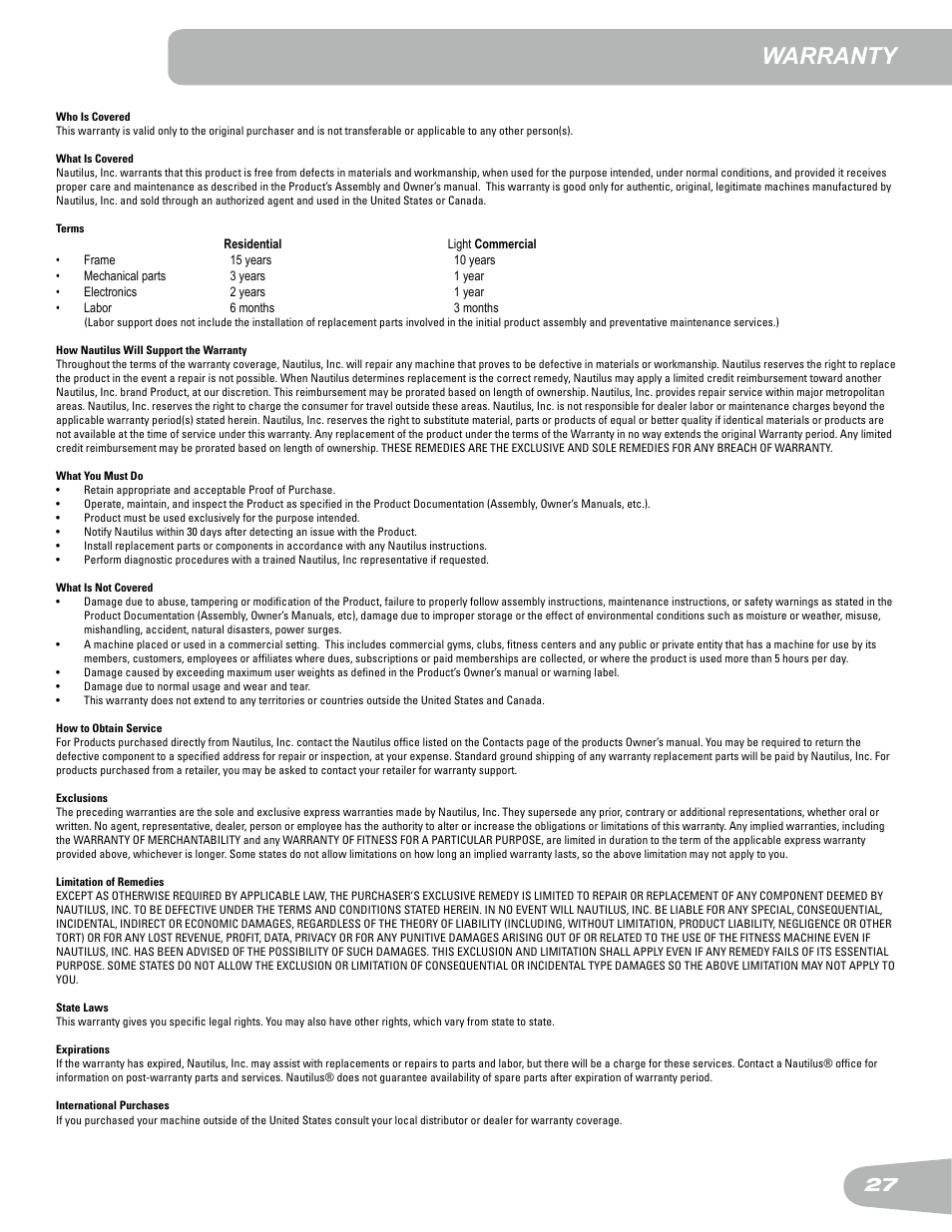 Warranty | Schwinn Airdyne AD6 User Manual | Page 27 / 28