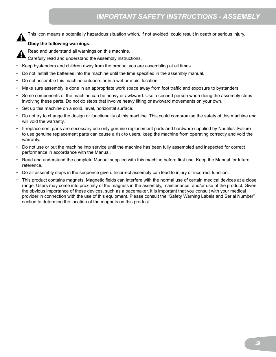 Important safety instructions - assembly | Schwinn Airdyne AD6 User Manual | Page 3 / 28