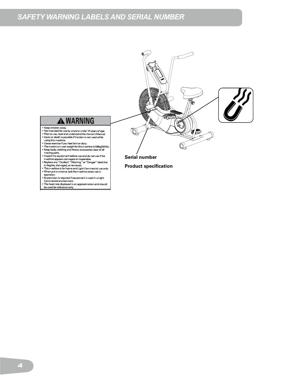 Safety warning labels and serial number | Schwinn Airdyne AD6 User Manual | Page 4 / 28