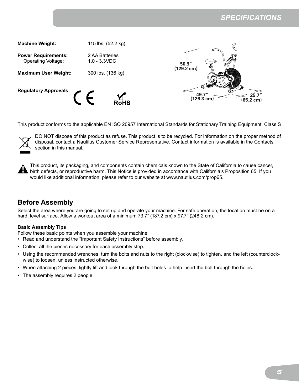 Specifications, Before assembly | Schwinn Airdyne AD6 User Manual | Page 5 / 28