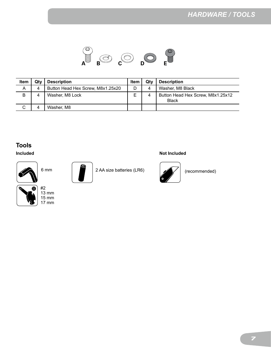 Hardware / tools, Tools | Schwinn Airdyne AD6 User Manual | Page 7 / 28