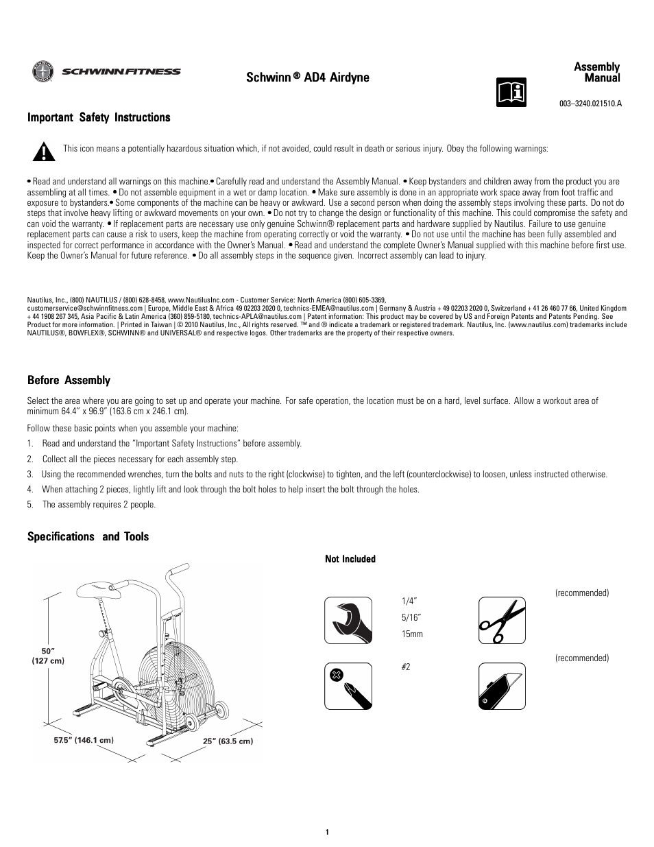 Schwinn Airdyne AD4 User Manual | 8 pages