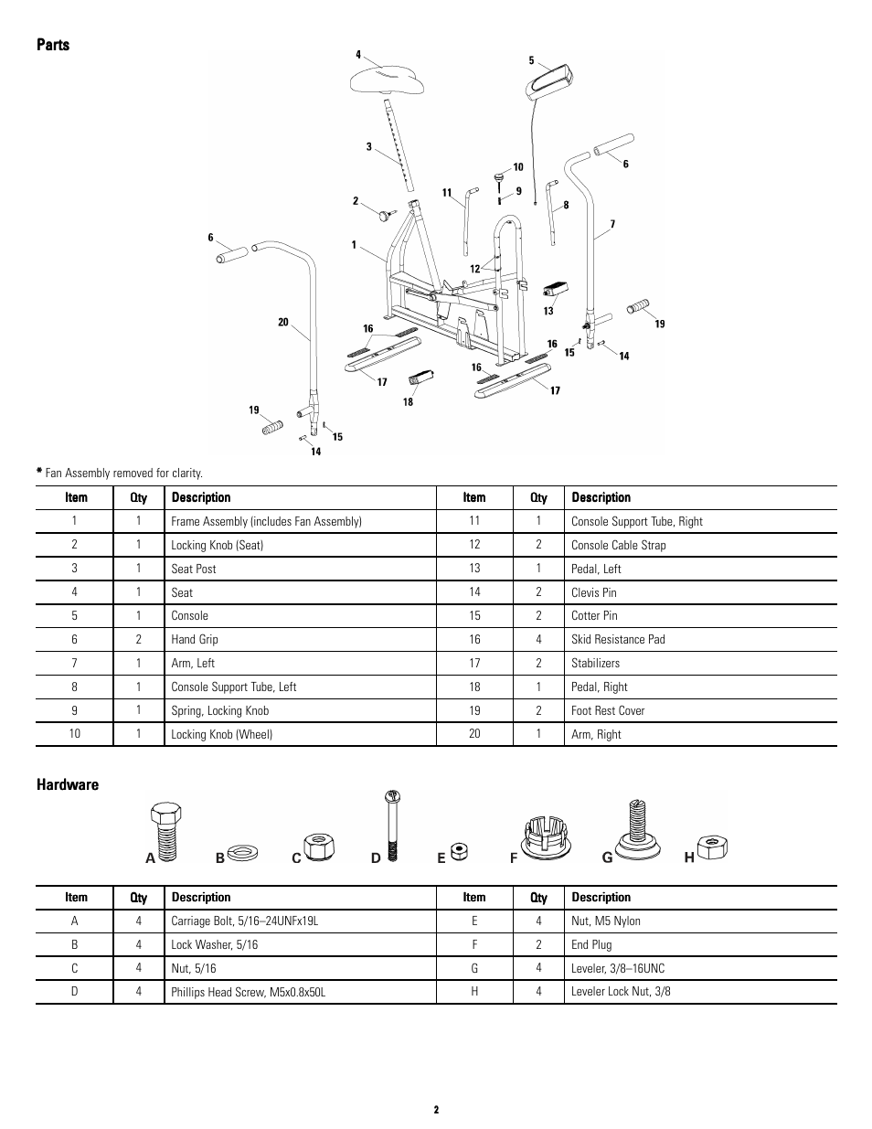 Parts, No title, Hardware | Assembly | Schwinn Airdyne AD4 User Manual | Page 2 / 8