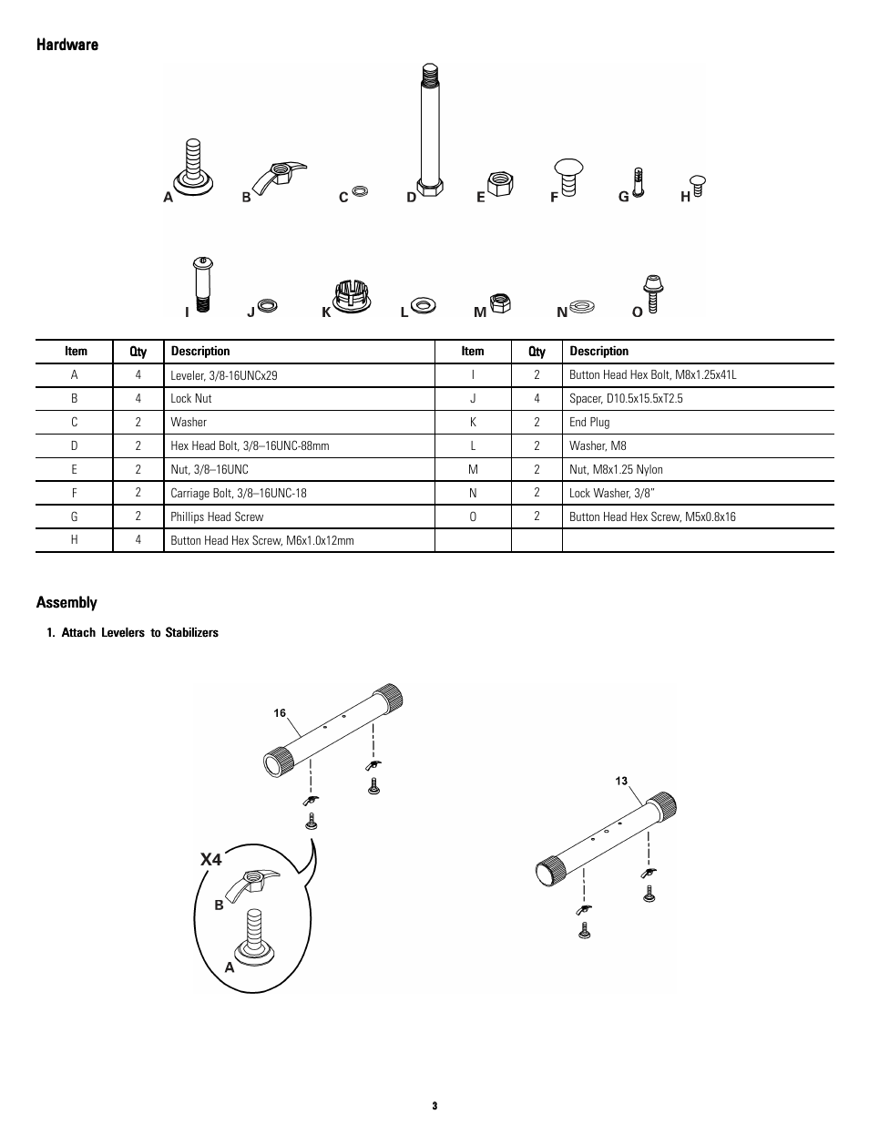 Hardware, No title, Assembly | Schwinn EVO Airdyne User Manual | Page 3 / 8