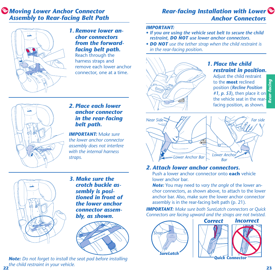 Place the child restraint in position, Attach lower anchor connectors, Correct incorrect | Evenflo Symphony 65 User Manual | Page 13 / 35