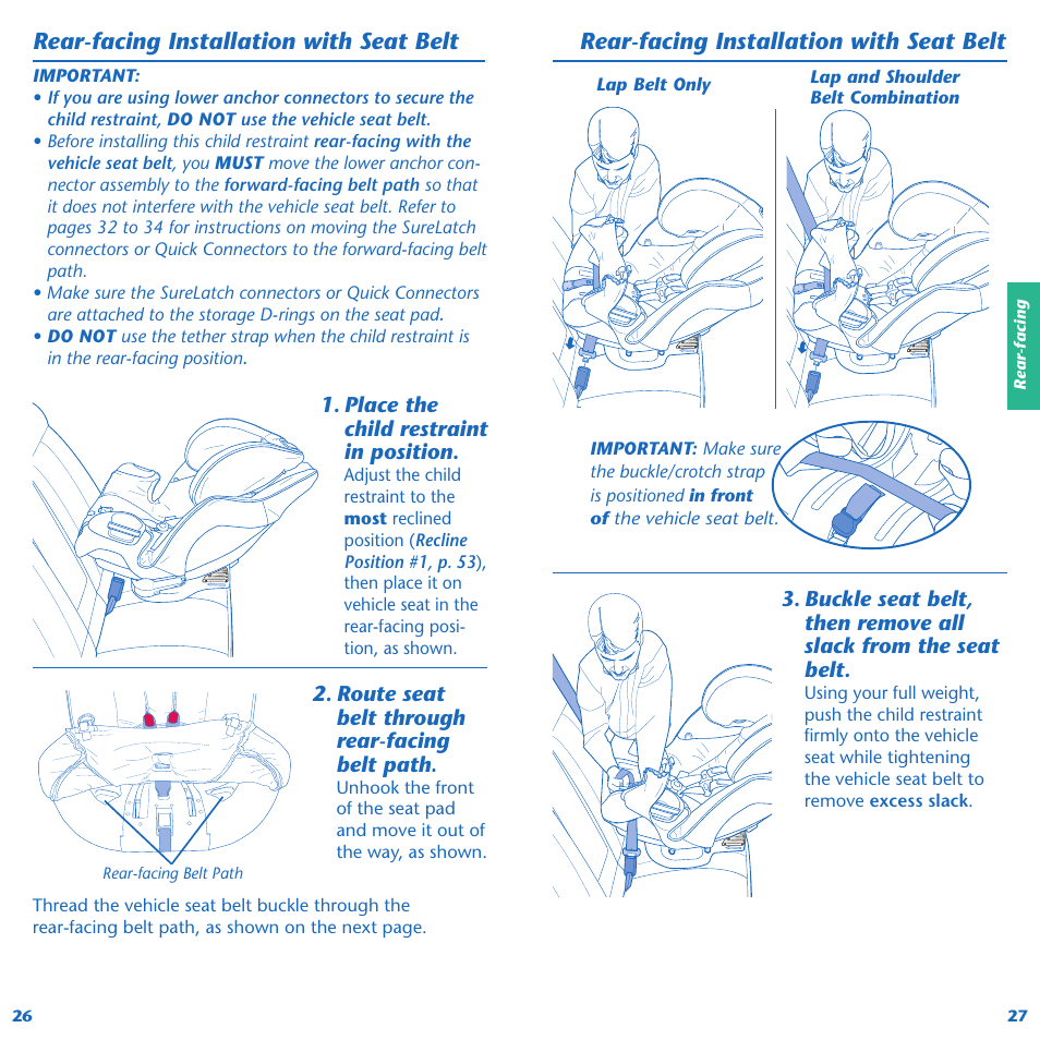 Rear-facing installation with seat belt, Place the child restraint in position, Route seat belt through rear-facing belt path | Evenflo Symphony 65 User Manual | Page 15 / 35