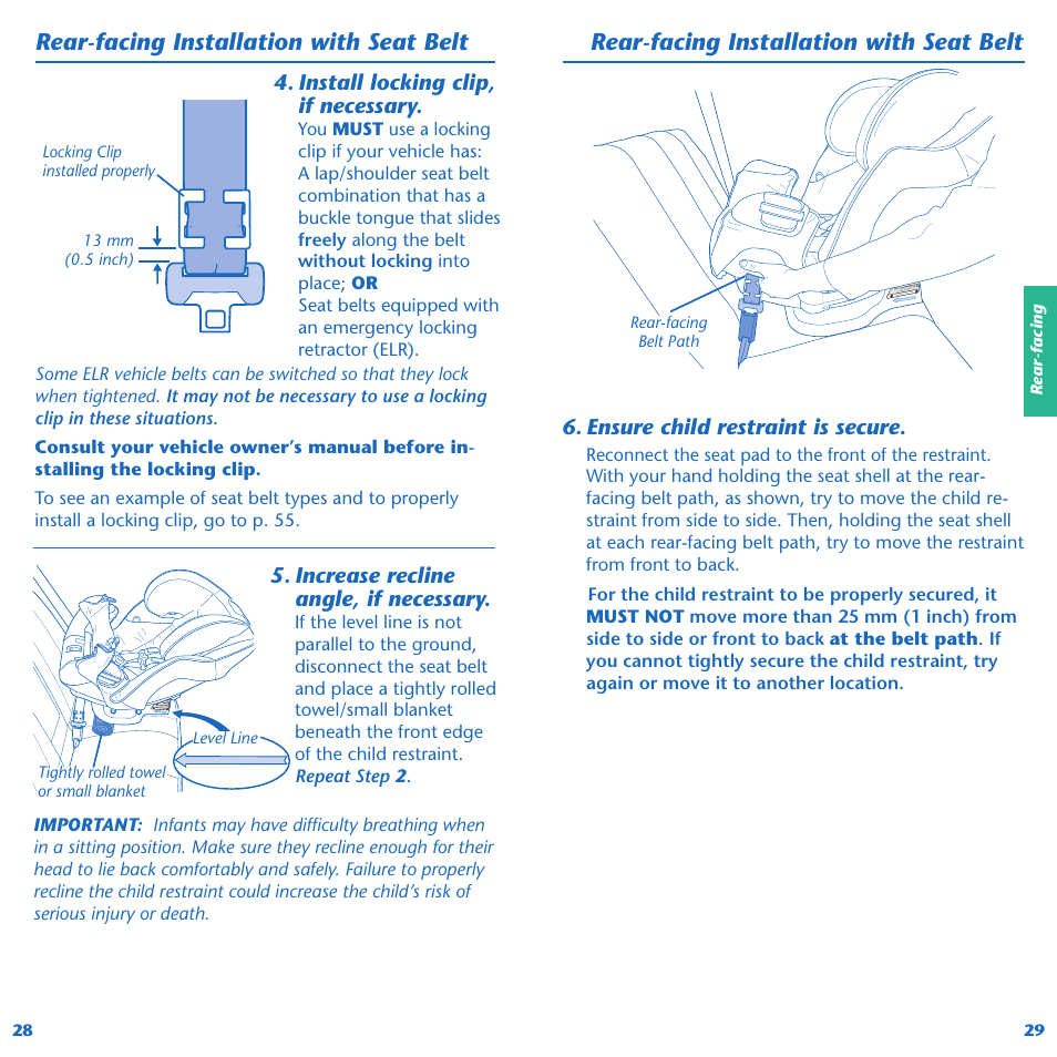 Rear-facing installation with seat belt, Install locking clip, if necessary, Increase recline angle, if necessary | Ensure child restraint is secure | Evenflo Symphony 65 User Manual | Page 16 / 35