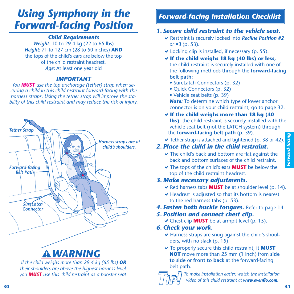 Using symphony in the forward-facing position, Warning | Evenflo Symphony 65 User Manual | Page 17 / 35